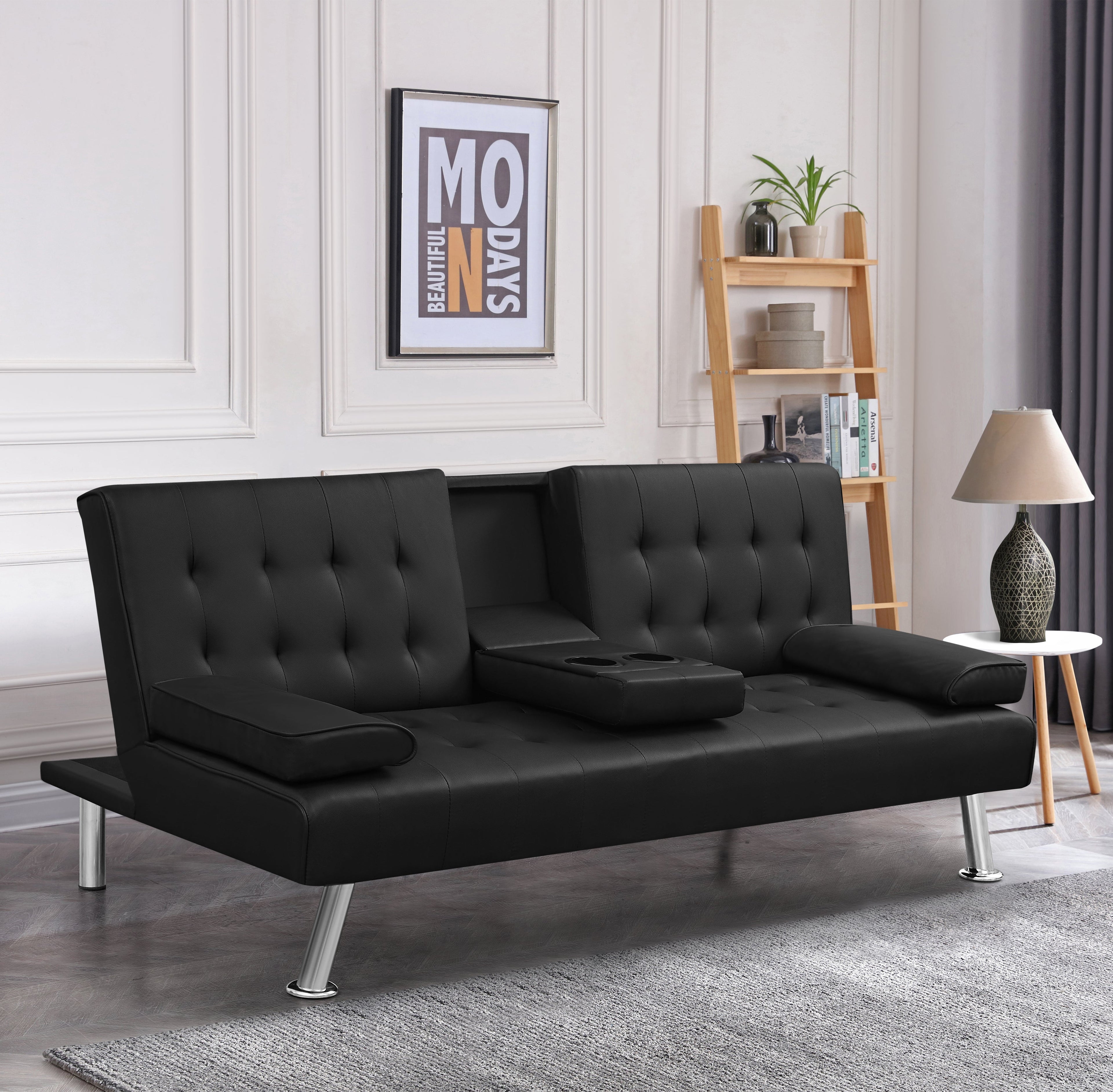 James Modern Convertible Sofabed with Cupholder – Black PU & Grey Fabric