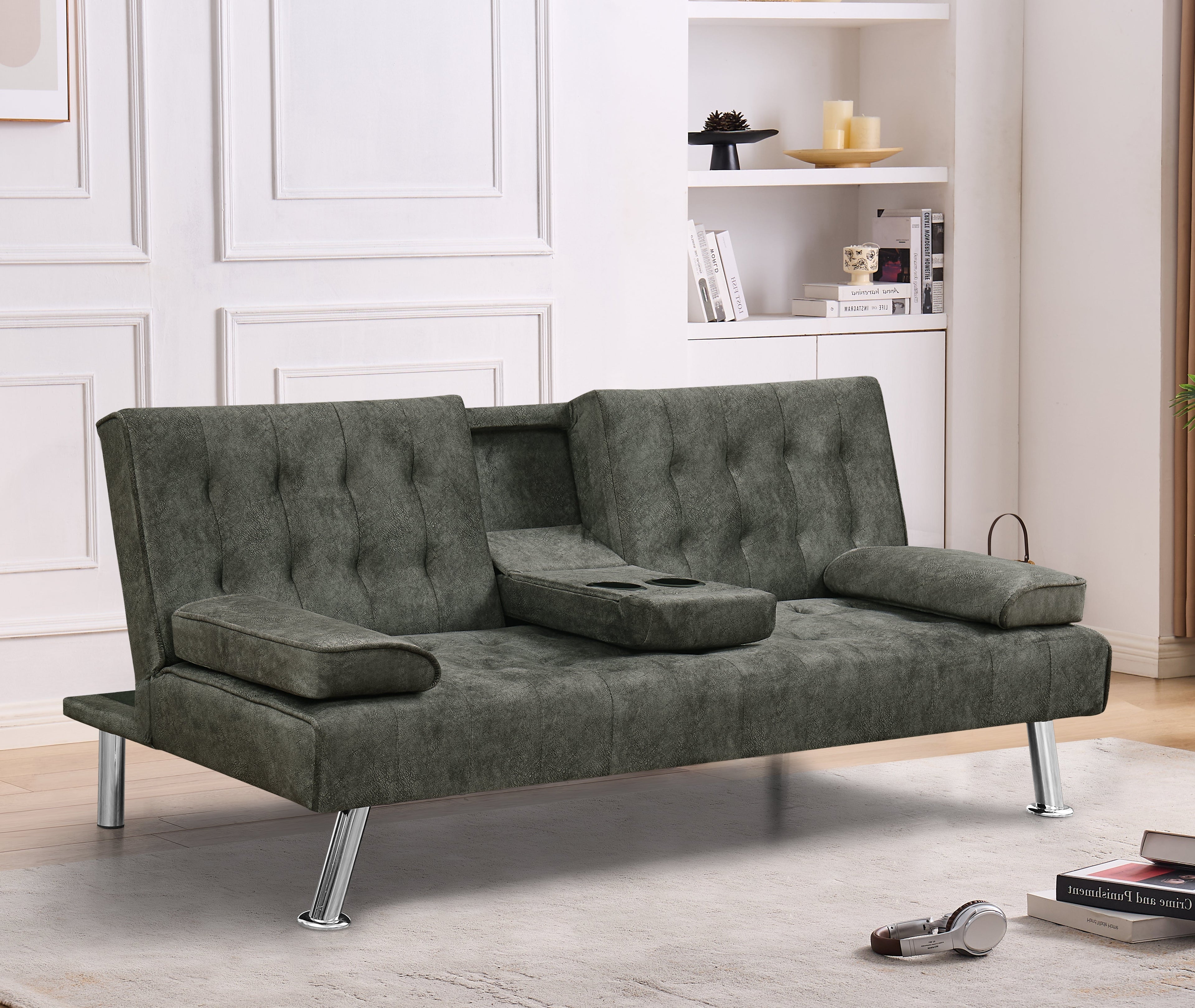James Modern Convertible Sofabed with Cupholder – Black PU & Grey Fabric