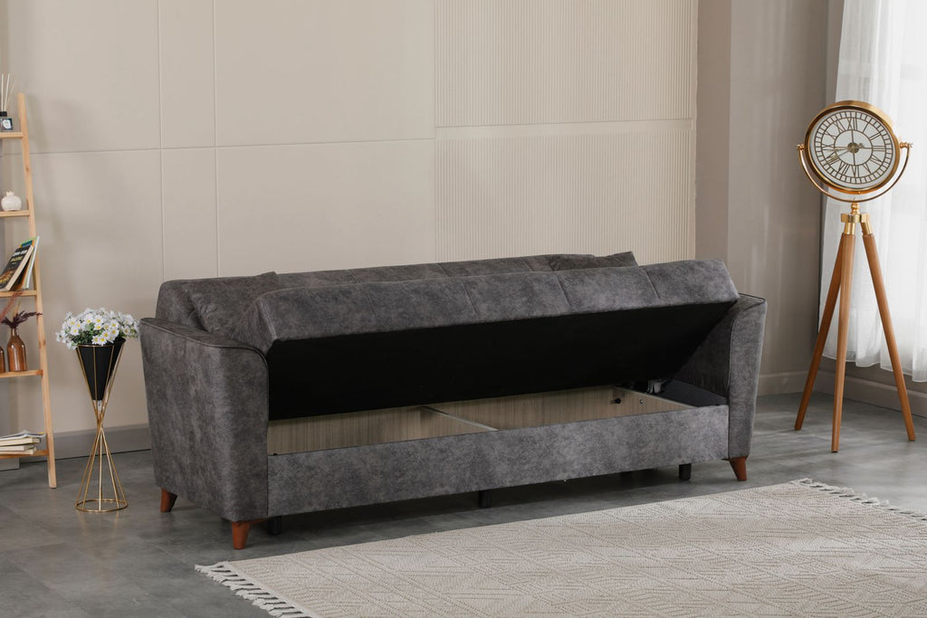 Donence Sofabed in Grey in Suede Clic clac 3 Seater Sofabed with Storage & Free 2 Cushions