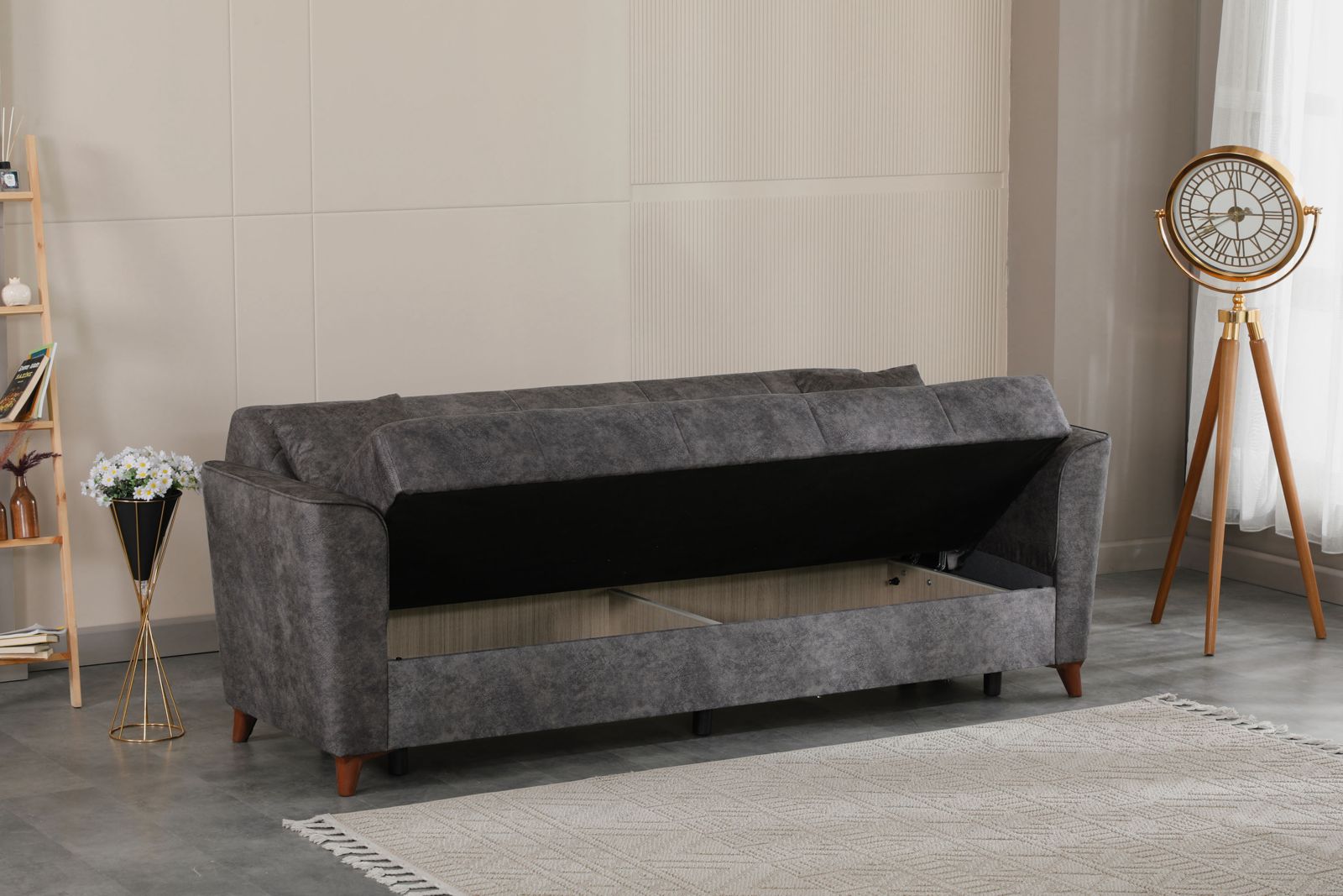 Donence Sofabed in Grey in Suede Clic clac 3 Seater Sofabed with Storage & Free 2 Cushions