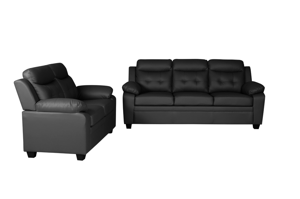 Clara 3+2 Seater Sofa Set, Black & Grey PU Leather, Modern Living Room Couch Set, Comfortable High-Back Design